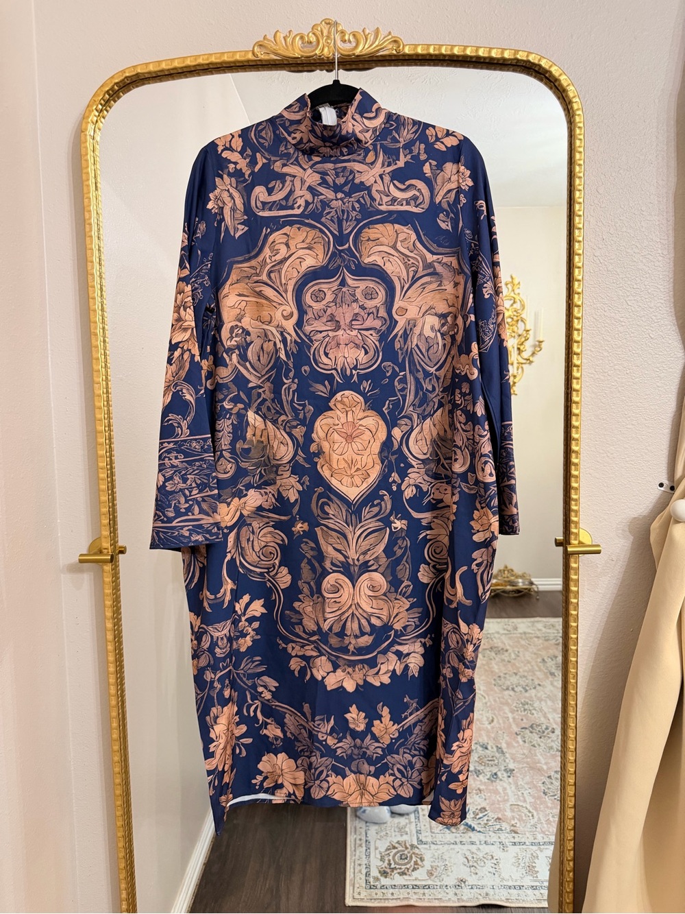 SHEIN Navy & Blush Baroque Print Long Sleeve Dress